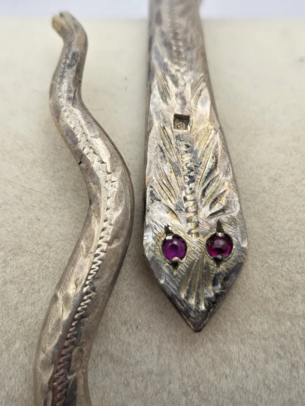 Vintage Sterling Silver Egyptian Revival Snake Bypass Cuff Bracelet Ruby Eyes